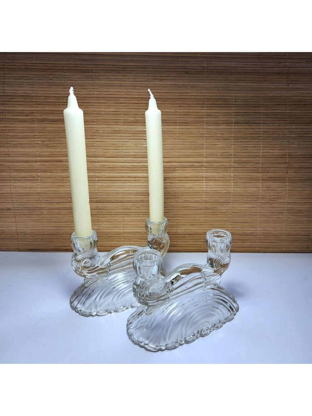 McKee Glass Vintage Rainbow Cloud Double Candlestick Holders Art Deco Pair